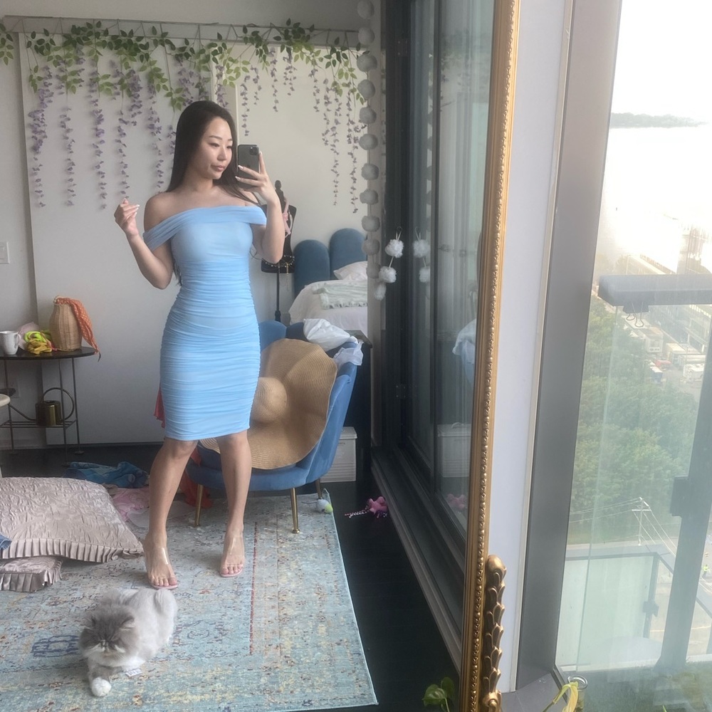 Fashion Nova Light Blue Off-Shoulder Midi Dress